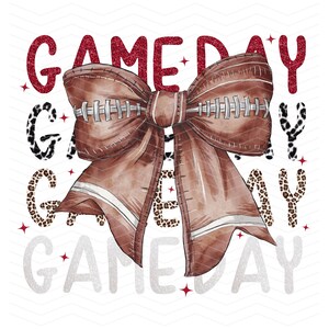 May include: A brown football-shaped bow with white stripes and laces. The bow is surrounded by the text "GAME DAY" in red glitter and black and white leopard print.