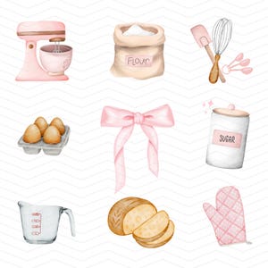 May include: A set of watercolour illustrations of baking supplies, including a pink stand mixer, a bag of flour, a pink bow, a sugar jar, a measuring cup, a loaf of bread, and a pink oven mitt.