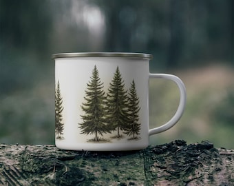Enamel Pine Tree Mug, Camping Mug, Tree Outdoors Mug, Hand Drawn Pine Tree Mug, Pine Forest Enamel Mug, Nature Lover 12oz Mug