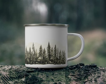 Emaille Camping Baum Wald Tasse, Wald Outdoor Isoliertasse, Kaffeetasse, Tee Natur Tasse, Emaille Morgen Kaffeetasse, Bäume Horizon Becher
