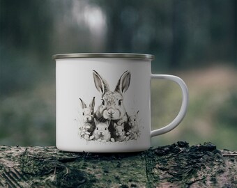 Enamel Bunny Family Mug, Outdoors Camping Mug, Nature Coffee Cup, Steel Rim, Animal & Nature Lover Mug, Hand Drawn Designed 12oz Mug