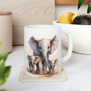 Elephant Mug, Elephant Mug Lover, Nature Lover Mug, Mug with Elephant, Ceramic Elephant Mug, Mom and Babies Elephant Mug - Ceramic Mug 11oz