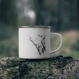 Enamel Wood Pecker Hand Drawn Designed Mug, Camping mug , Coffee and Tea Mug, Nature & Outdoors Lover insulated Coffee Cup