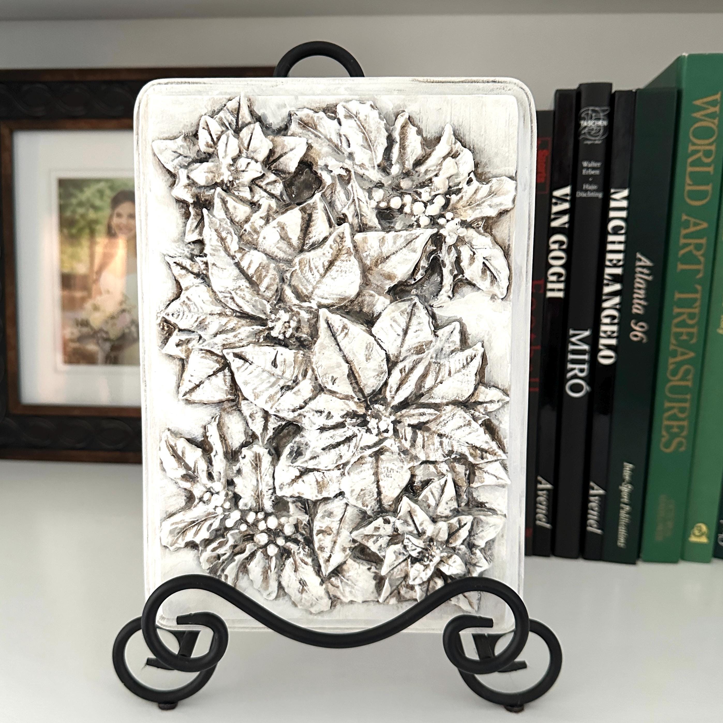 Poinsettia Clay Basrelief Painting, Hand Sculpted Artwork, French