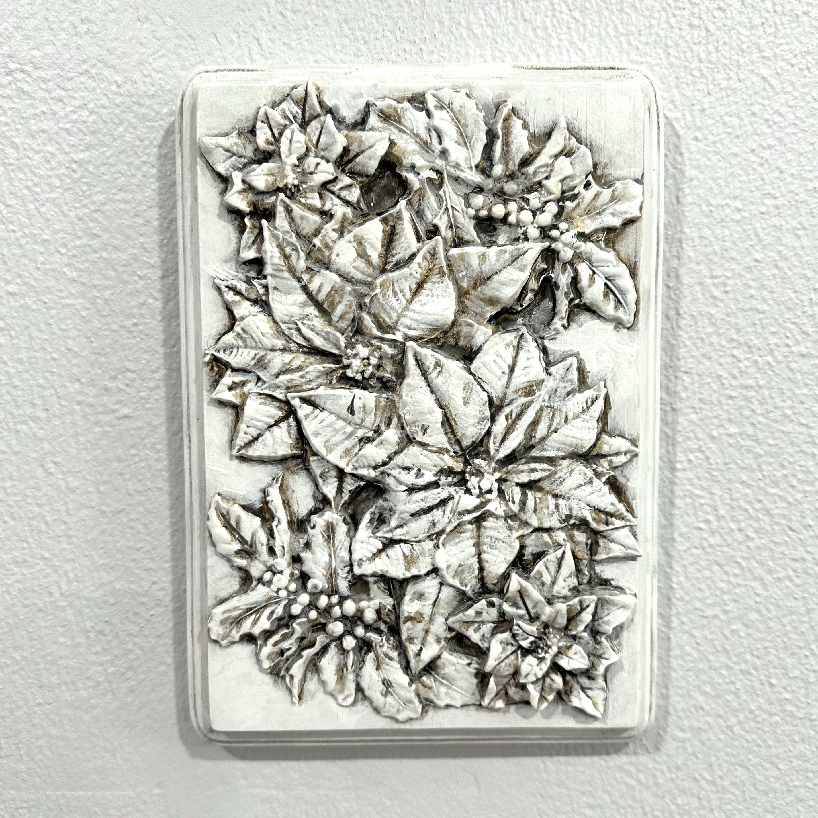 Poinsettia Clay Basrelief Painting, Hand Sculpted Artwork, French
