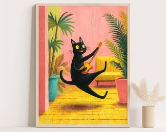 Dancing Cat Poster: Funny Whimsical Retro Cartoon Wall Art