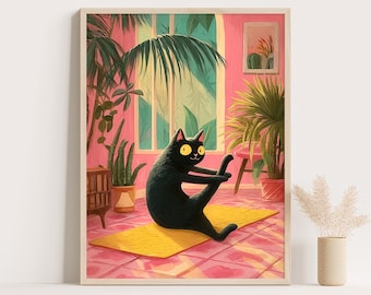 Yoga Cat Poster: Funny Black Cat Art Print