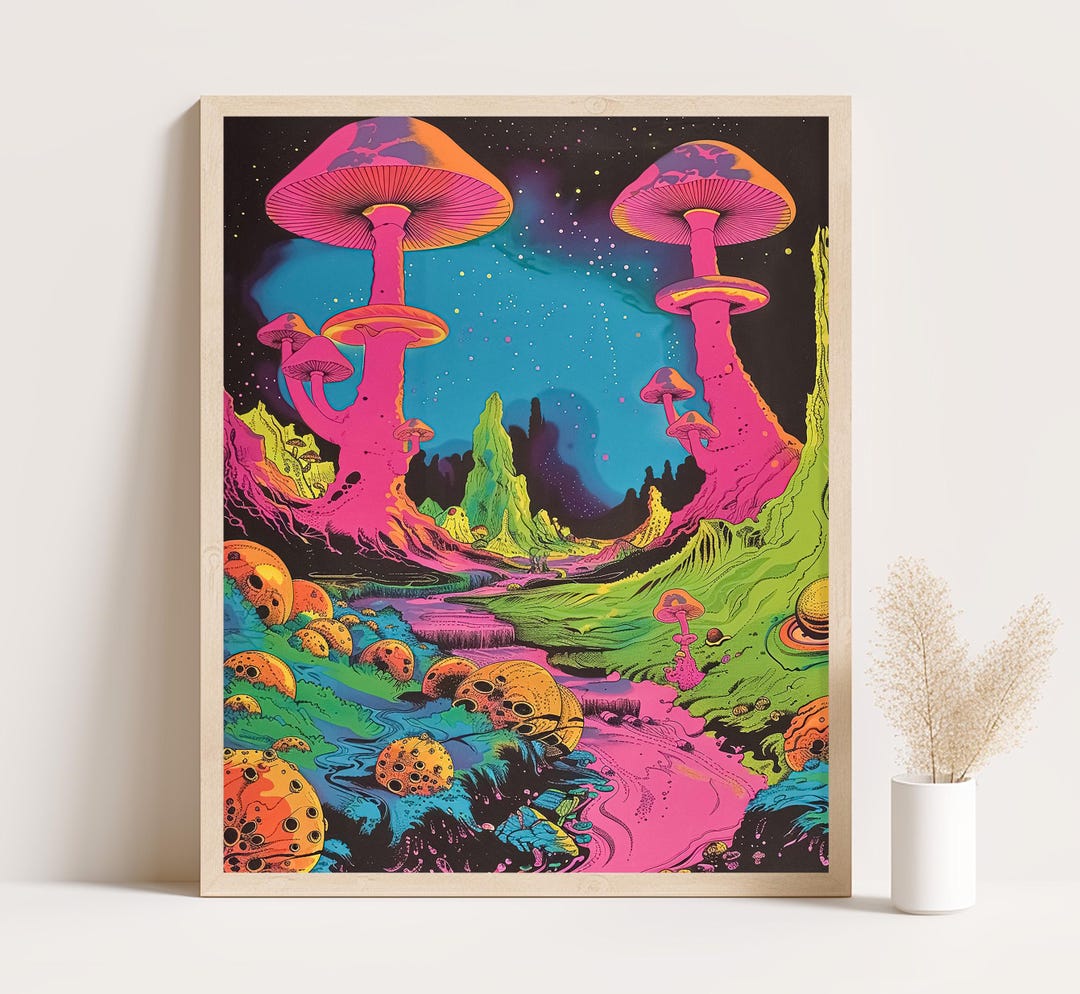 Psychedelic Mushroom Poster: Trippy Alien Landscape, 60s Neon Art - Etsy