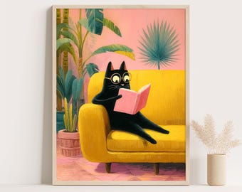 Bookworm Cat Poster: Funny Quirky Black Cat Reading Book Wall Art