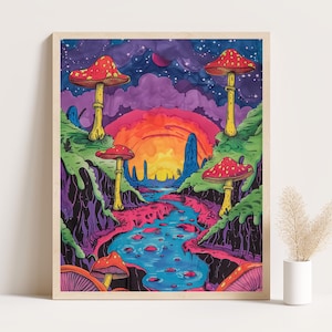 Pode incluir: Uma impressão artística emoldurada com uma paisagem psicodélica vibrante. A obra de arte retrata cogumelos coloridos, um rio e um pôr do sol com um céu roxo e laranja. A impressão está em uma moldura de madeira.
