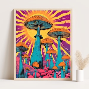 May include: A framed art print featuring a vibrant illustration of psychedelic mushrooms. The artwork showcases tall, blue mushroom stems with orange caps against a backdrop of a yellow sunburst and a purple sky. The mushrooms are set on a bed of pink stones.