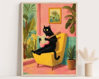 Study Cat Poster: Funny Quirky Retro Cartoon Wall Art