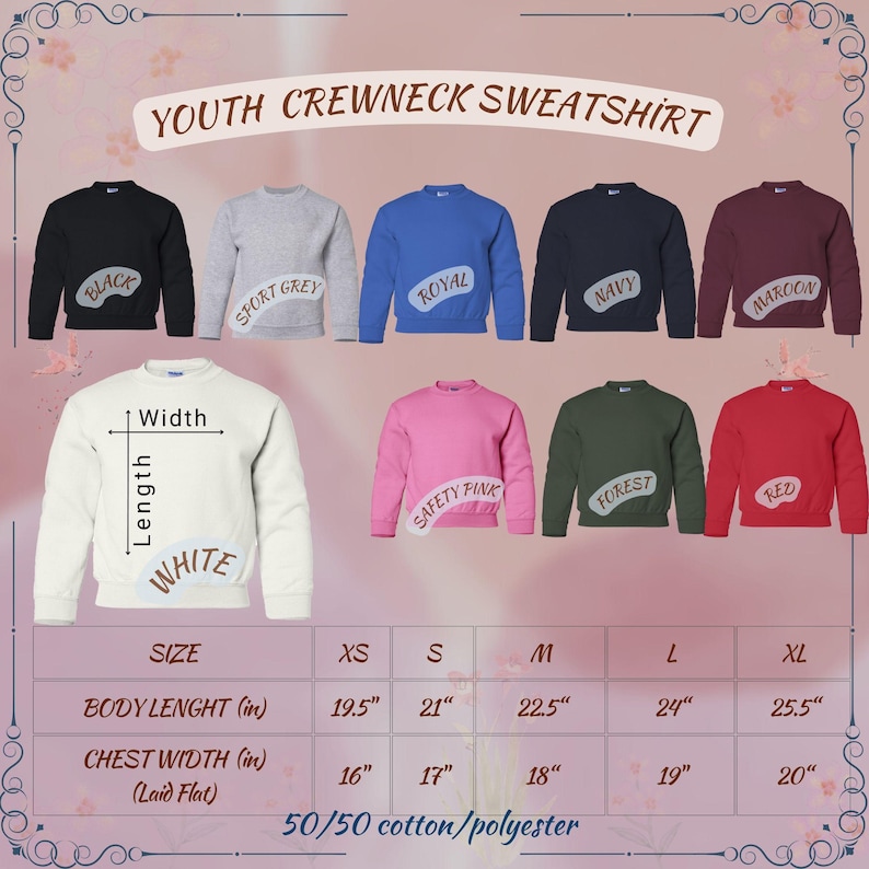 May include: A size chart for youth crewneck sweatshirts in various colors, including black, sport grey, royal blue, navy, maroon, safety pink, forest green, and red. The chart shows the body length and chest width in inches for sizes XS, S, M, L, and XL. The fabric is 50/50 cotton/polyester.