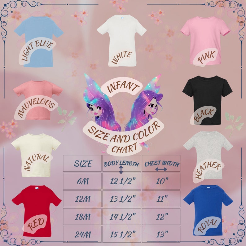 Op de afbeelding: Maattabel voor baby-T-shirts in verschillende kleuren, waaronder lichtblauw, wit, roze, mauve, zwart, naturel, rood, grijs melange en koninklijk blauw. De tabel toont de maten 6M, 12M, 18M en 24M met de bijbehorende lichaamslengte- en borstbreedtemaat in inches.