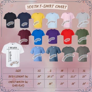 May include: Youth t-shirt size chart with measurements in inches. The chart shows 15 different t-shirt colors, including black, navy, daisy, light blue, light pink, sport grey, maroon, royal, purple, red, military, white, carolina, indigo, dark heather, and charcoal.