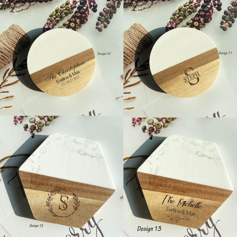 Personalized Engraved Marble Wood Coaster Set, Custom Gift for Housewarming,Mother's Day Gift,Bridal Shower Gifts,Wedding Gifts, Anniversary Design 12