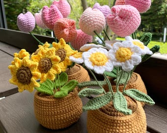Crochet Flower in Pot, Handmade Crochet Flower Plant, Desk Decor,Crochet Sunflower Daisy Tulip,Crochet in Pot,Crochet Gifts for Plant Lovers