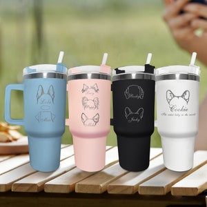 Gobelet pour animaux de compagnie de 40 oz avec poignée, cadeaux personnalisés pour les amoureux des chiens, tasse de voyage gravée personnalisée, tasse d’oreille pour chien avec nom, cadeaux pour papa maman chien