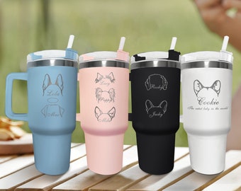 40oz Pet Tumbler met handvat, gepersonaliseerde cadeaus voor hondenliefhebbers, op maat gegraveerde reismok, hond oorbeker met naam, cadeaus voor hond moeder vader