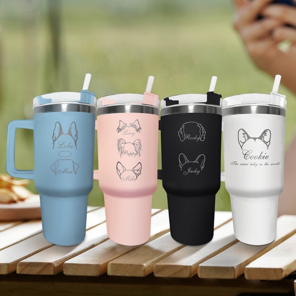 40oz Pet Tumbler With Handle, Personalised Gifts for Dog Lovers, Custom Engraved Travel Mug, Dog Ear Cup With Name, Gifts for Dog Mom Dad