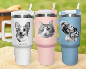 Engraved Dog Photo 40oz Straw Tumbler With Handle, Personalized Mothers Day Gifts for Dog Mom,Custom Engrave Portrait Travel Mug,Picture Cup
