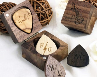 Custom Wood Engrave Guitar Picks Box,Personalized Guitar Pick Holder Storage,Gift for Guitar Lover Musician,Plectrum Organizer, Mother's Day