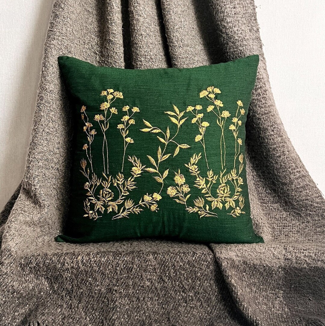 Hand Stitched Pillow Cover, Dark Green Linen, Gold Embroidery, Royal