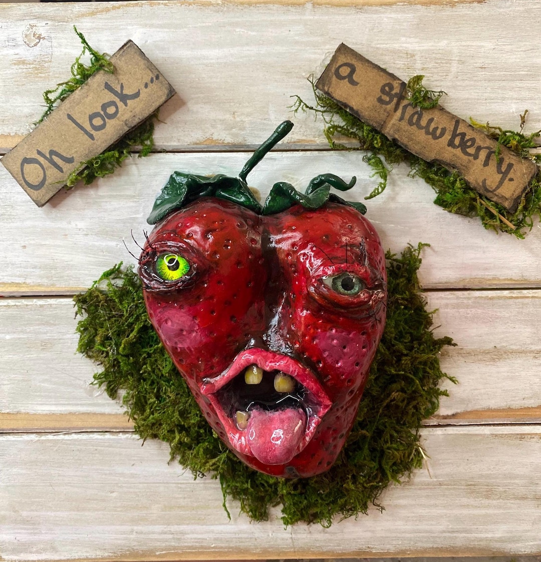 Creepy Cute Strawberry Sculpture, Mixed Media Kitsch Horror Wall