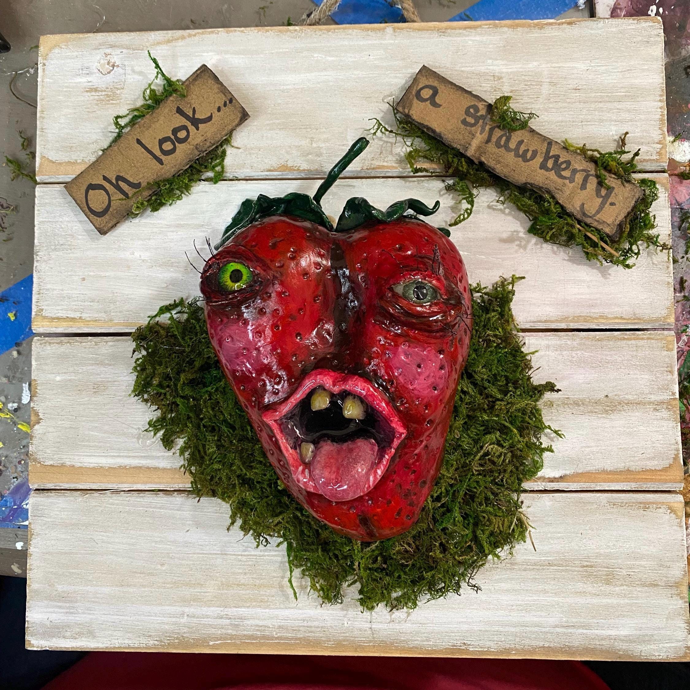 Oh Look, a Strawberry - Creepy Cute Wall Art -mixed Media