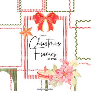 Pode incluir: Clipart em aquarela com molduras de Natal com laço vermelho, estrela e elementos florais. O texto "Christmas Frames" e "34 PNG" estão incluídos. As molduras têm detalhes em vermelho e verde, perfeitas para designs festivos.