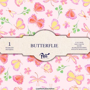 Pode incluir: Um padrão digital sem costuras com borboletas e pequenas flores em aguarela em tons de rosa, amarelo e verde sobre um fundo rosa claro. O texto diz 1 SEAMLESS PATTERNS, BUTTERFLIE, 12 X 12 INCH, 3600 X 3600 PX, 300 DPI, INSTANTE DOWNLOAD, Pati estudio criativo e @patiestudiocriativo.
