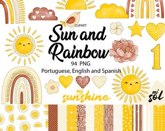 Package Sun and Rainbow, First Trip Around the Sun Cliparts, You are my Sunshine, Here comes the Sun, Portuguese, English and Spanish