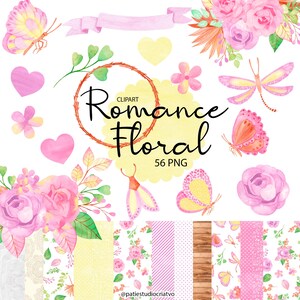 Pode incluir: Conjunto de cliparts em aquarela intitulado "Romance Floral" com rosas cor-de-rosa, borboletas, corações e padrões florais. A imagem inclui o texto "Romance Floral" e "56 PNG".