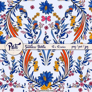 Pode incluir: Um padrão sem costuras com flores azuis, bagas laranja e libélulas cor-de-rosa sobre um fundo azul claro. Uma faixa horizontal no centro exibe o texto Pati, Seamless Pattern, 12 x 12 inches, png / psd / jpg e @patiestudiocriativo.