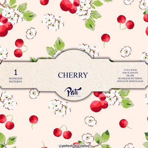 Cherry Stripe Seamless Pattern, Sweet Summer Fruit Fabric, Cottagecore Watercolor Cherries, Digital Paper - Digital Download