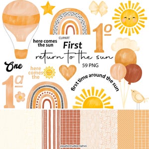 May include: A collection of digital clipart elements in warm tones, including a hot air balloon, rainbows, suns, balloons, and the text "First return to the sun." The design features a variety of patterns and illustrations, perfect for baby-themed projects.