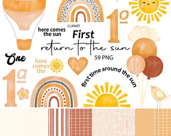 Package First Trip Around the Sun Watercolor Cliparts, You are my Sunshine, Here comes the Sun, Cute Party Decor Art, PNG, Baby Wall Art