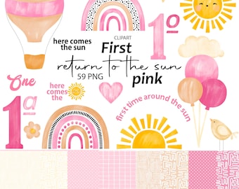 Package First Trip Around the Sun Watercolor Digital Pink Cliparts, You are my Sunshine, Here comes the Sun, Cute Party Decor Art, PNG, Baby