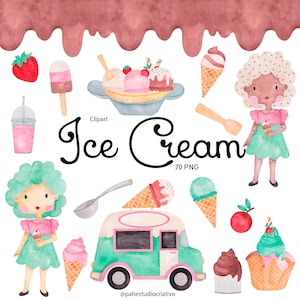 Set aquarel clipart van ijsjes, ijskraam, roze en groene feestbenodigdheden, babyshower clipart, welkomstuitnodiging, schattige dieren