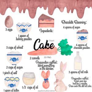 Könnte beinhalten: Aquarell-Illustration mit Zutaten und Zubereitungsschritten für einen Kuchen. Enthält Eier, Mehl, Zucker, Karotten und ein Kaninchen. Text enthält "Cake", "Ingredients" und Zubereitungshinweise.