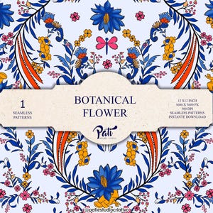 Pode incluir: Um padrão digital sem costuras com flores azuis, bagas laranja, libélulas cor-de-rosa e sapos amarelos sobre um fundo azul claro. Uma etiqueta central exibe o texto BOTANICAL FLOWER, 1 SEAMLESS PATTERNS, 12 X 12 INCH, 3600 X 3600 PX, 300 DPI, INSTANTE DOWNLOAD e Pati estudio criativo.
