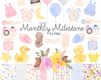 May include: A digital collection of watercolor baby-themed clipart including pink and blue bows, party hats, balloons, alarm clocks, cameras, baby shoes, rubber ducks, stars, a crown, floral arrangements, and patterned papers with text.