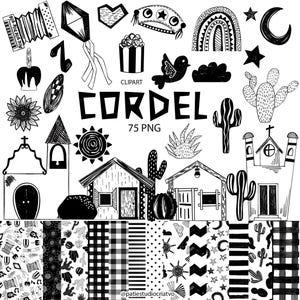 Pode incluir: Conjunto de cliparts digitais em preto e branco com ilustrações de igreja, casas, cactos, uma pipa e padrões. A palavra "CORDEL" é exibida, juntamente com "75 PNG".