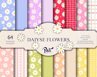 Peut inclure: Une collection de 64 motifs numériques sans couture avec des marguerites, des pois, des rayures et des grilles dans diverses couleurs pastel et vives. L'étiquette centrale affiche le texte DAIYSE FLOWERS, 64 SEAMLESS PATTERNS, 12 X 12 INCH, 3600 X 3600 PX, 300 DPI, INSTANTE DOWNLOAD et @patiestudiocriativo.