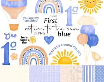 Package First Trip Around the Sun Watercolor Digital Blue Cliparts, You are my Sunshine, Here comes the Sun, Cute Party Decor Art, PNG, Baby