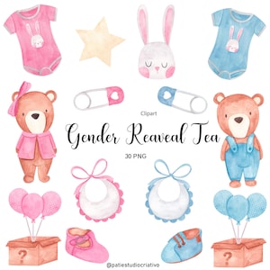 Conjunto de imágenes prediseñadas de acuarela para revelar el género, decoración de guardería para bebé, suministros para fiestas en rosa y azul, imágenes prediseñadas para baby shower, arte de invitación de bienvenida para bebé
