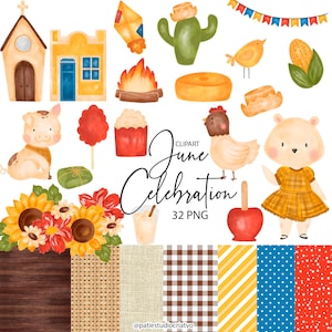 Pode incluir: Conjunto de cliparts em aquarela com uma igreja, edifícios, um cacto, uma fogueira, um porco, uma galinha e um urso. O texto "June Celebration" está escrito em itálico. Inclui vários padrões e texturas.