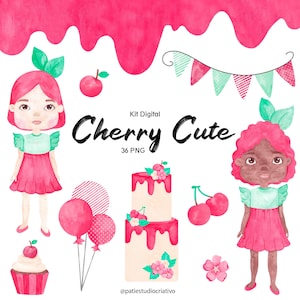 Aquarelle de cerises, kits mignons avec costume de fruits, thème de décoration de fête, bonbons et cupcakes pour gâteaux, clipart de premier anniversaire de cerises