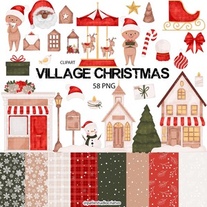 Pode incluir: Uma coleção de elementos de clip art com tema de Natal em aquarela. Inclui chapéus de Papai Noel, um carrossel, renas, um boneco de neve, uma igreja, uma loja e vários padrões decorativos. O texto "VILLAGE CHRISTMAS" é exibido.