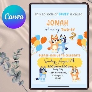 Blue dog TWO-EY 2nd Birthday Party Invitation Canva Editable Template, Digital Download